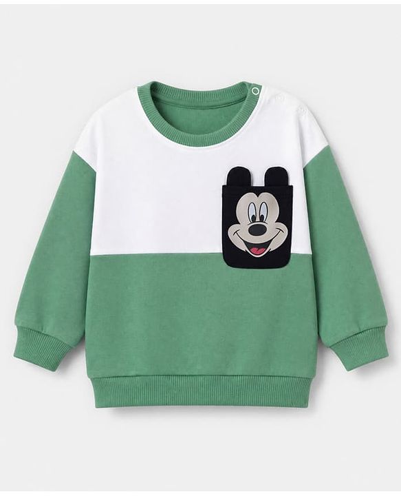 Babyhug Disney 100% Cotton Knit Full Sleeves Drop Shoulder Sweatshirts with Mickey Mouse Print in Blue & Green Pack of 2