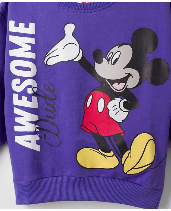 Babyhug Disney 100% Cotton Knit Full Sleeves Drop Shoulder Sweatshirts with Mickey Mouse Print in Blue & Green Pack of 2