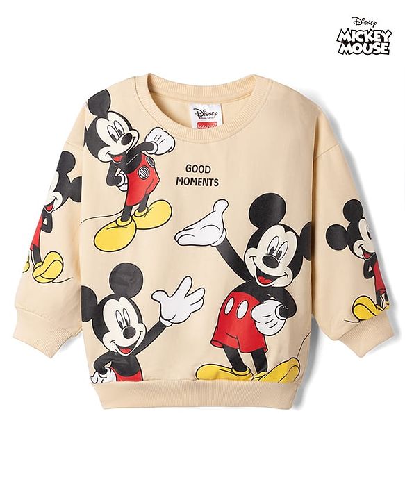 Babyhug Disney Terry Knit Sweatshirt with Full Sleeves and Mickey Mouse Print in Beige for 6-9 Months