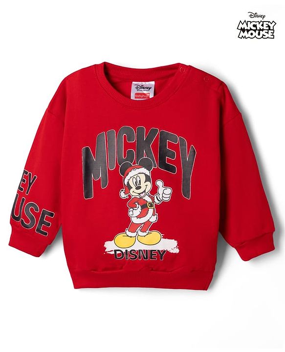 Babyhug Disney Terry Knit Sweatshirt with Full Sleeves, Drop Shoulder Sleeves and Mickey Mouse Mickey Mouse Print in Red for 6-9 Months