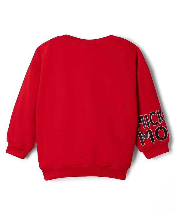 Babyhug Disney Terry Knit Sweatshirt with Full Sleeves, Drop Shoulder Sleeves and Mickey Mouse Mickey Mouse Print in Red for 6-9 Months
