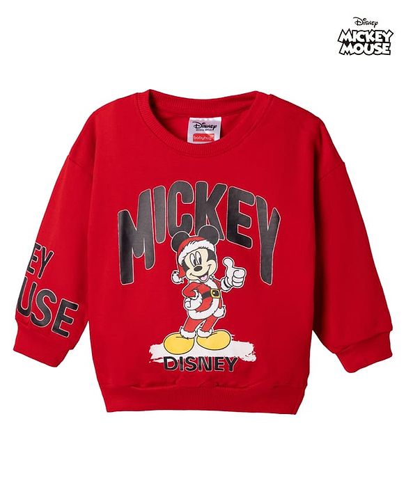 Babyhug Disney Terry Knit Sweatshirt with Full Sleeves, Drop Shoulder Sleeves and Mickey Mouse Mickey Mouse Print in Red for 6-9 Months