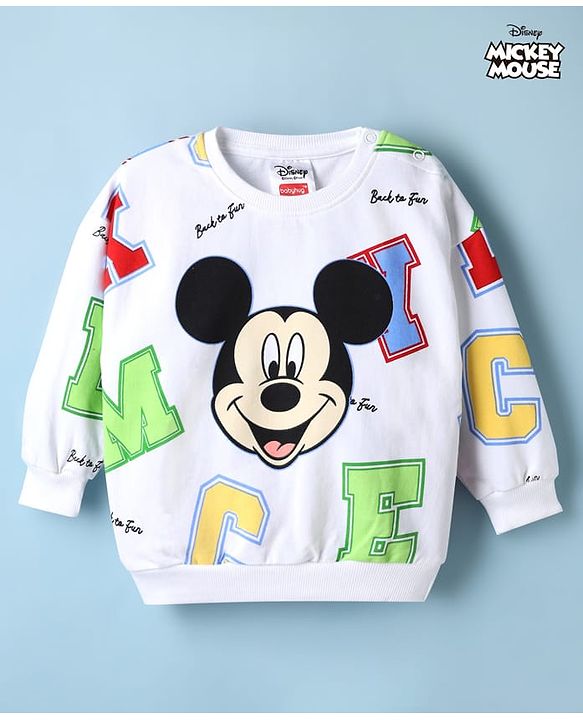 Babyhug Disney Terry Knit Drop Shoulder Sweatshirt with Full Sleeves and Mickey Mouse Graphic - White
