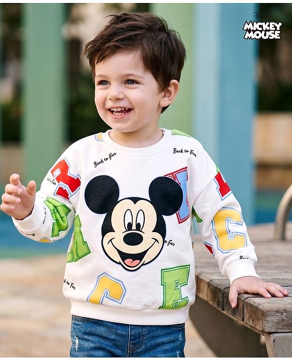 Babyhug Disney Terry Knit Drop Shoulder Sweatshirt with Full Sleeves and Mickey Mouse Graphic - White