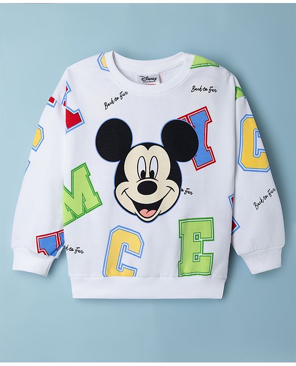 Babyhug Disney Terry Knit Drop Shoulder Sweatshirt with Full Sleeves and Mickey Mouse Graphic - White