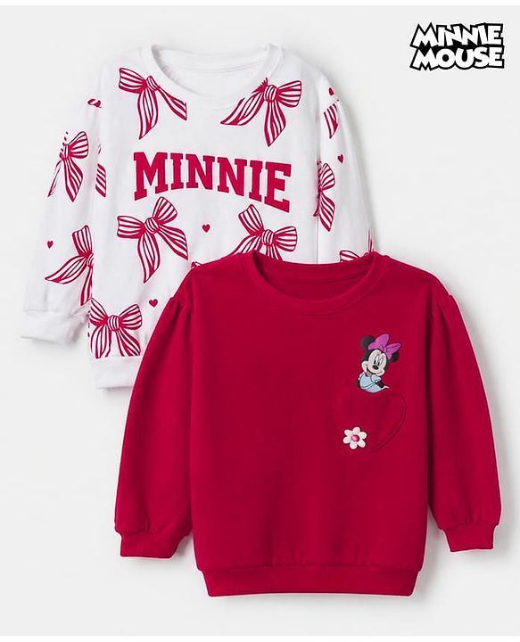 Babyhug Disney 100% Cotton Terry Knit Drop Shoulder Full Sleeves Sweatshirts with Minnie Mouse Print Pack of 2 - Red & White