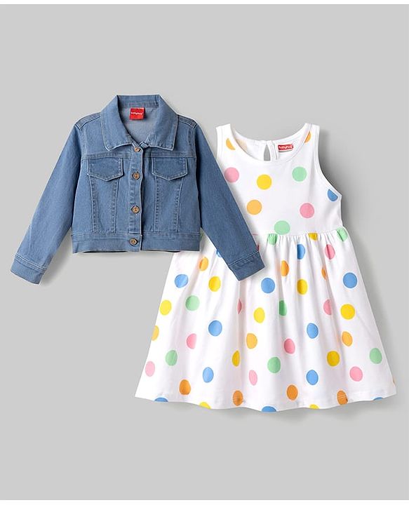 Babyhug Single Jersey Knit Frock with Full Sleeves  Denim Jacket & Polka Dots Print - White