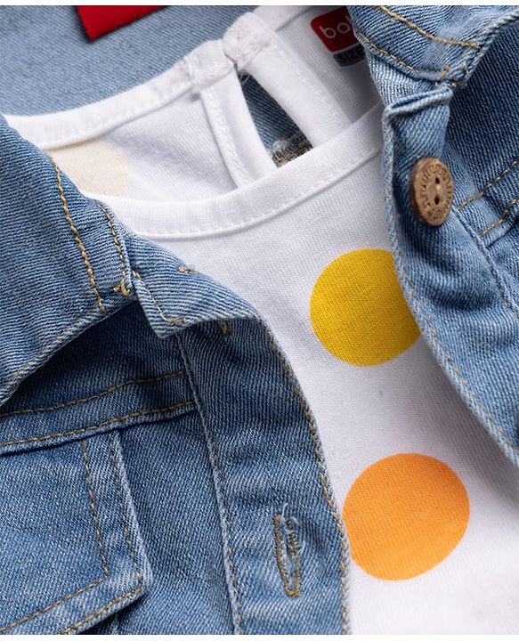 Babyhug Single Jersey Knit Frock with Full Sleeves  Denim Jacket & Polka Dots Print - White