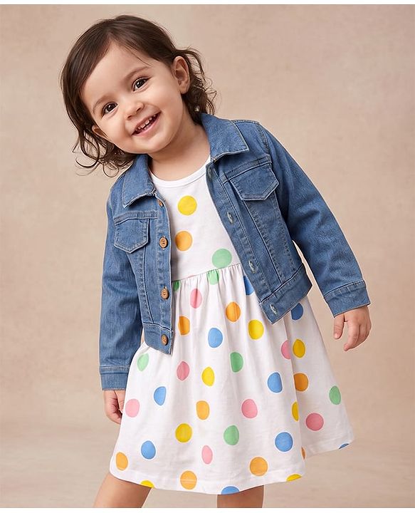 Babyhug Single Jersey Knit Frock with Full Sleeves  Denim Jacket & Polka Dots Print - White