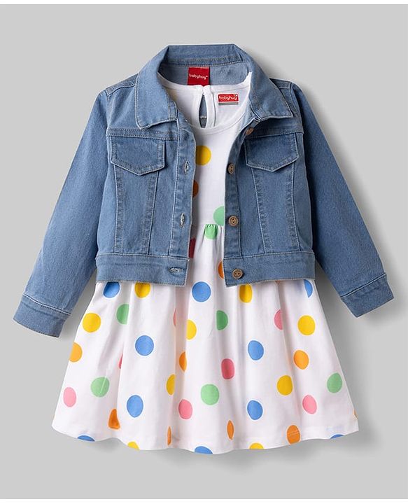 Babyhug Single Jersey Knit Frock with Full Sleeves  Denim Jacket & Polka Dots Print - White