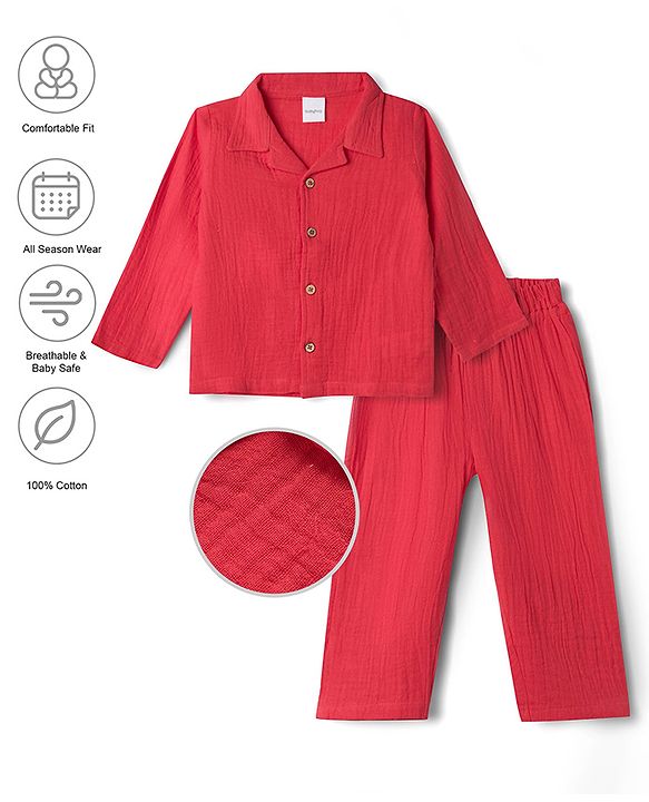 Babyhug Natural Crinkle 100% Cotton Woven Full Sleeves Co-Ords Shirt & Pyjama Night Suit - Red