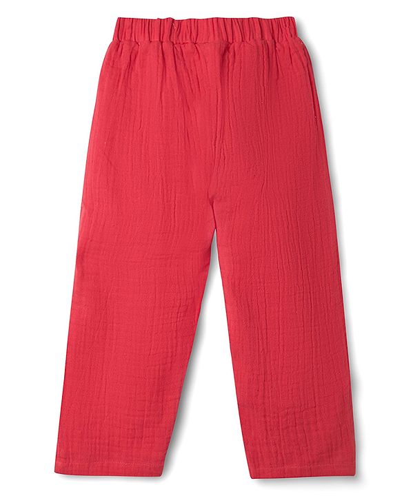 Babyhug Natural Crinkle 100% Cotton Woven Full Sleeves Co-Ords Shirt & Pyjama Night Suit - Red