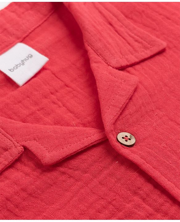 Babyhug Natural Crinkle 100% Cotton Woven Full Sleeves Co-Ords Shirt & Pyjama Night Suit - Red