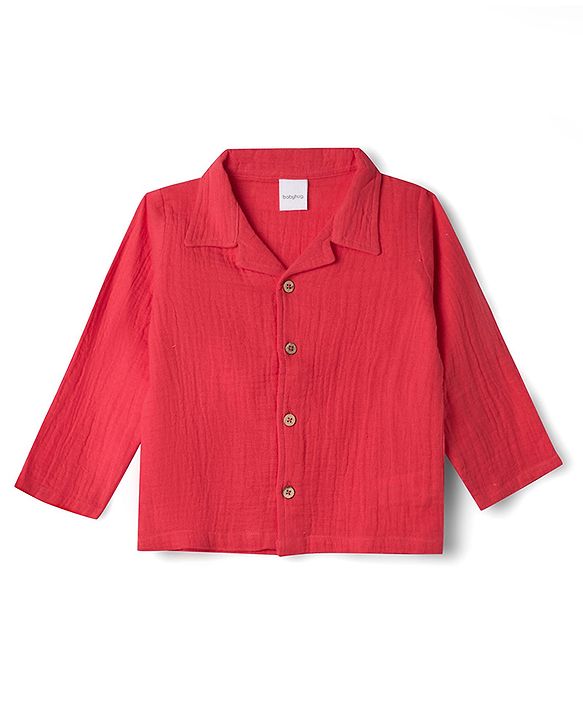 Babyhug Natural Crinkle 100% Cotton Woven Full Sleeves Co-Ords Shirt & Pyjama Night Suit - Red