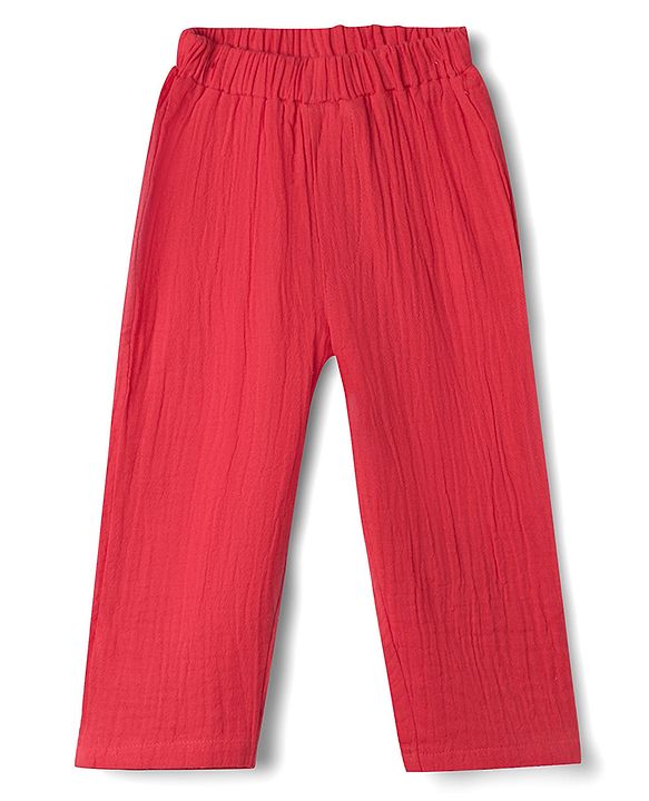 Babyhug Natural Crinkle 100% Cotton Woven Full Sleeves Co-Ords Shirt & Pyjama Night Suit - Red