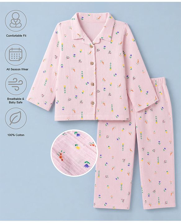 Babyhug Natural Crinkle 100% Cotton Woven Full Sleeves Co-Ords Shirt & Pyjama Night Suit with Floral Print - Pink