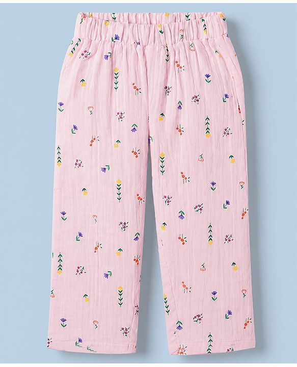 Babyhug Natural Crinkle 100% Cotton Woven Full Sleeves Co-Ords Shirt & Pyjama Night Suit with Floral Print - Pink