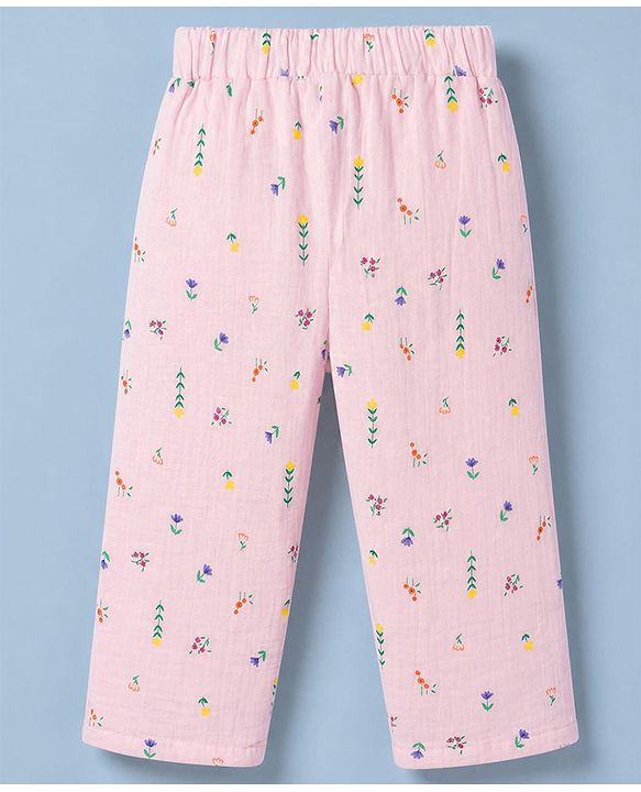 Babyhug Natural Crinkle 100% Cotton Woven Full Sleeves Co-Ords Shirt & Pyjama Night Suit with Floral Print - Pink