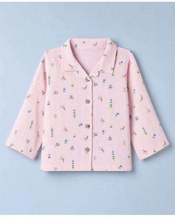Babyhug Natural Crinkle 100% Cotton Woven Full Sleeves Co-Ords Shirt & Pyjama Night Suit with Floral Print - Pink
