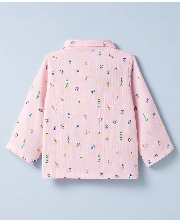 Babyhug Natural Crinkle 100% Cotton Woven Full Sleeves Co-Ords Shirt & Pyjama Night Suit with Floral Print - Pink