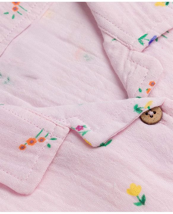 Babyhug Natural Crinkle 100% Cotton Woven Full Sleeves Co-Ords Shirt & Pyjama Night Suit with Floral Print - Pink