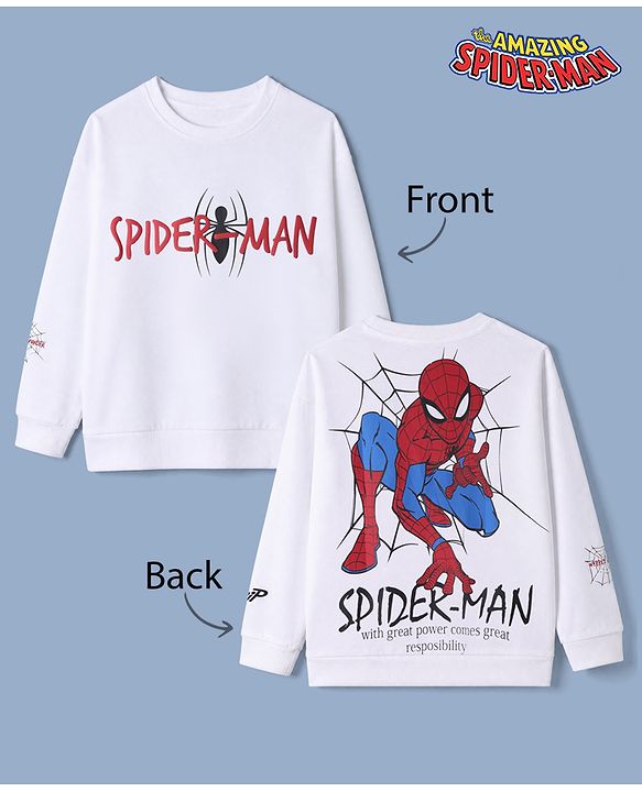 Pine Kids Marvel 100% Cotton Knit Sweatshirt with Full Sleeves and Spider-Man Print in White