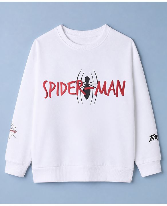 Pine Kids Marvel 100% Cotton Knit Sweatshirt with Full Sleeves and Spider-Man Print in White