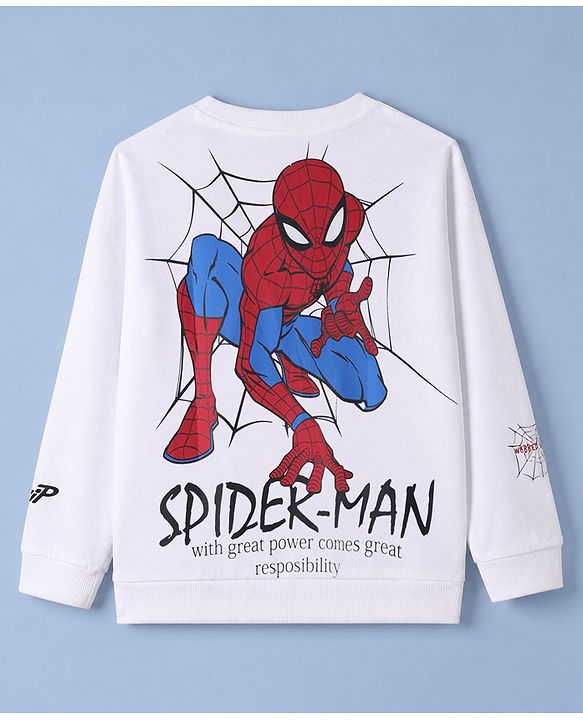 Pine Kids Marvel 100% Cotton Knit Sweatshirt with Full Sleeves and Spider-Man Print in White