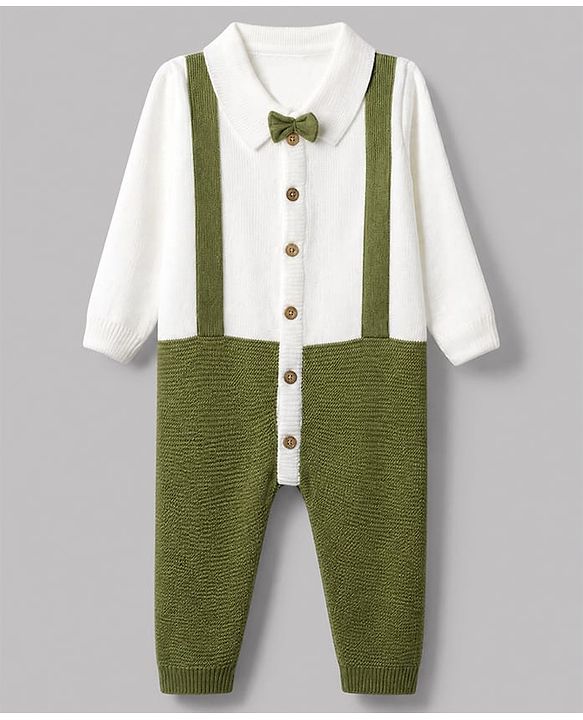 Babyhug Knit Full Sleeves Winter Wear Romper With Bow Applique - Olive Green