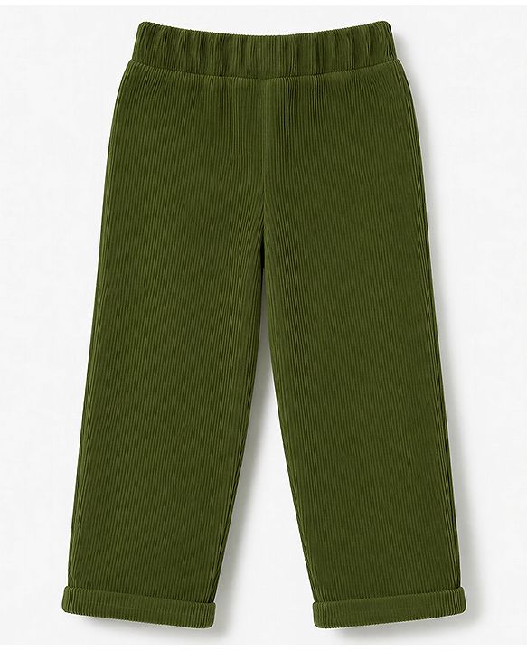 Babyhug 100% Cotton Knit Full Length Corduroy Pants - Olive