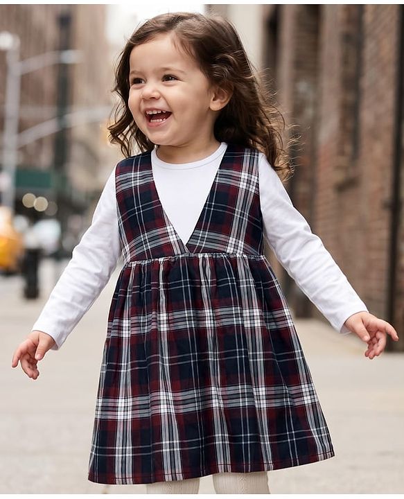 Babyhug Twill Woven Fit & Flare Full Sleeves Frock and Tee with Checks - Brown