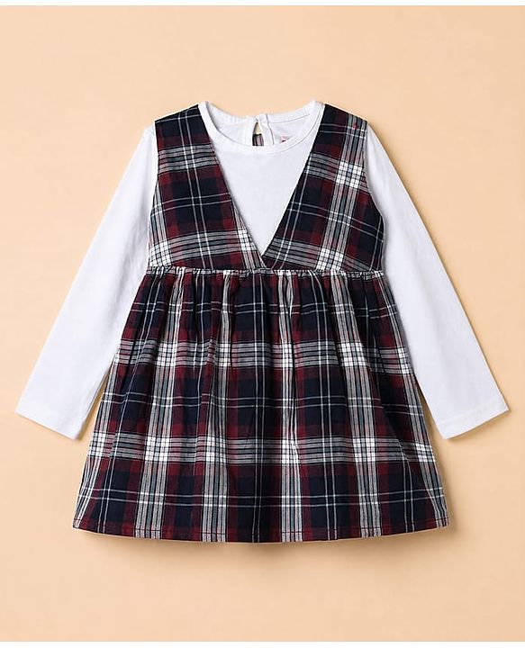 Babyhug Twill Woven Fit & Flare Full Sleeves Frock and Tee with Checks - Brown