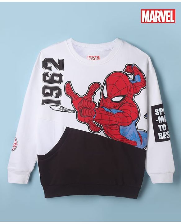 Pine Kids Marvel 100% Cotton Terry Knit Sweatshirt With Full Sleeves And Spiderman Print - White