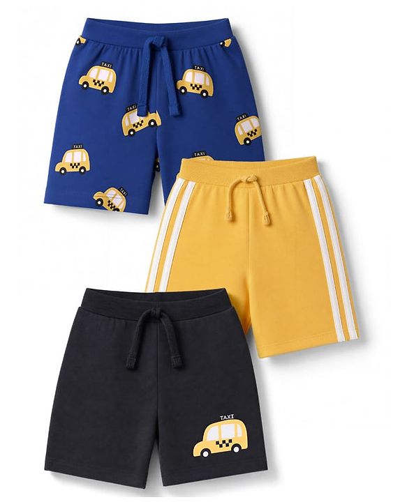 Babyhug 100% Cotton Jersey Knit Mid Thigh Vehicles Printed Shorts Pack Of 3 - Blue Yellow & Black