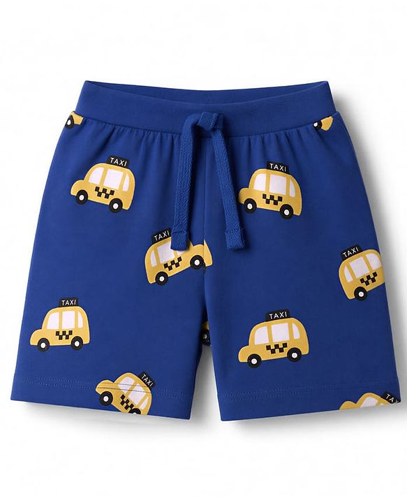 Babyhug 100% Cotton Jersey Knit Mid Thigh Vehicles Printed Shorts Pack Of 3 - Blue Yellow & Black