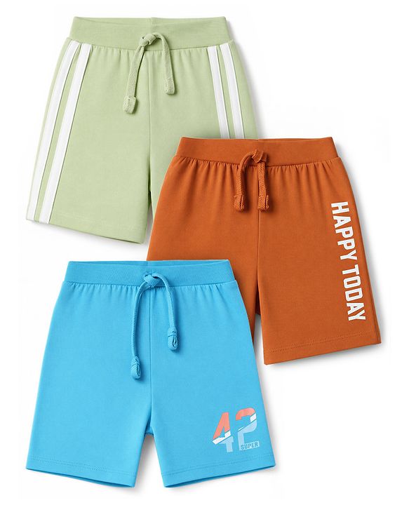 Babyhug 100% Cotton Jersey Knit Mid Thigh Happy Today Printed Shorts With Tape Detailing Pack Of 3 - Light Green Rust Orange & Blue