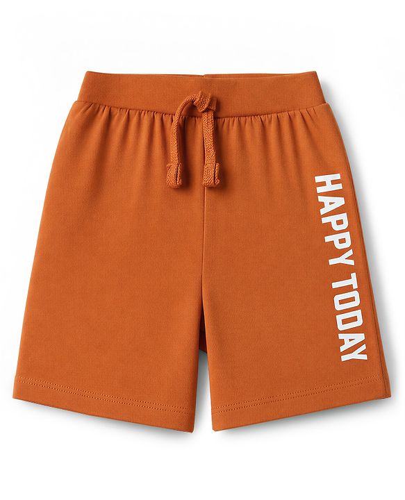 Babyhug 100% Cotton Jersey Knit Mid Thigh Happy Today Printed Shorts With Tape Detailing Pack Of 3 - Light Green Rust Orange & Blue