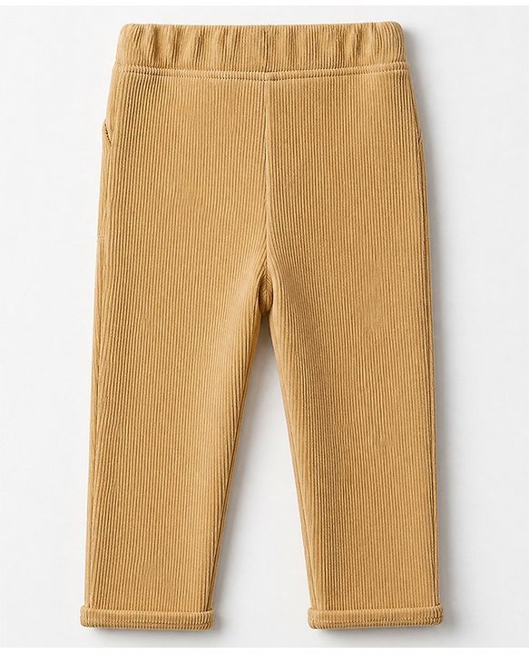 Babyhug Corduroy 100% Cotton Knit Full Length Solid Pant - Khaki