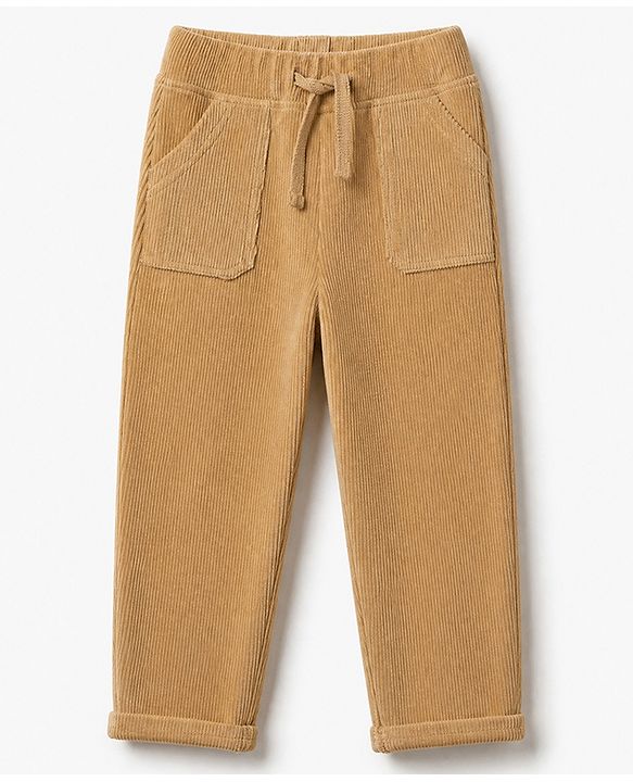 Babyhug Corduroy 100% Cotton Knit Full Length Solid Pant - Khaki