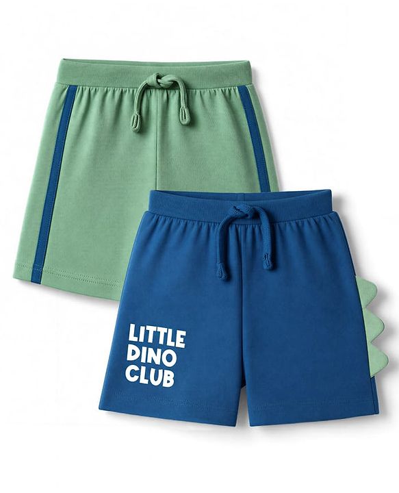 Babyhug 100% Cotton Jersey Knit Mid Thigh Little Dino Club Printed Shorts Pack Of 2 - Blue & Green