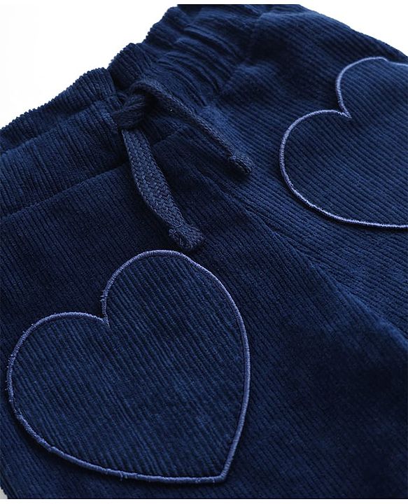 Babyhug Cotton Corduroy Knit Full Length Corduroy Pants with Heart Embroidery - Navy Blue