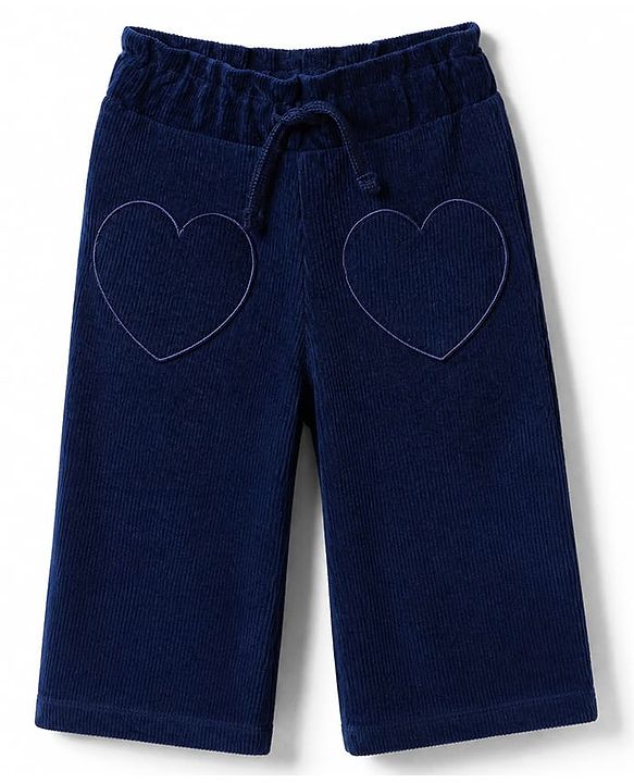 Babyhug Cotton Corduroy Knit Full Length Corduroy Pants with Heart Embroidery - Navy Blue