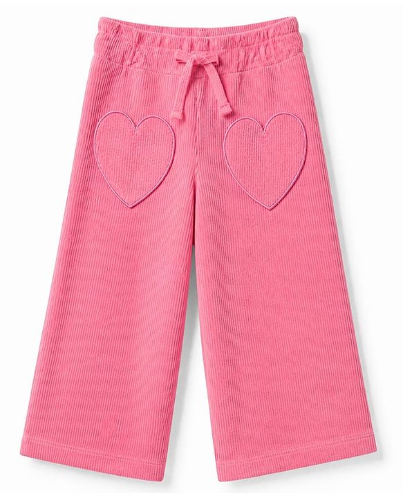 Babyhug Corduroy Knit Full Length Pant with Heart Applique in Pink