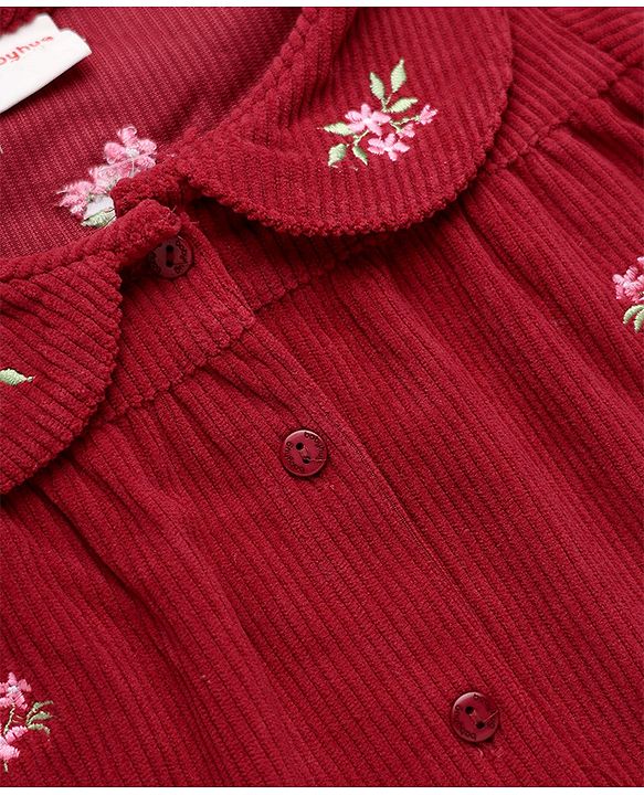 Babyhug Corduroy Woven Full Sleeves One Piece Dress with Floral Embroidery - Red