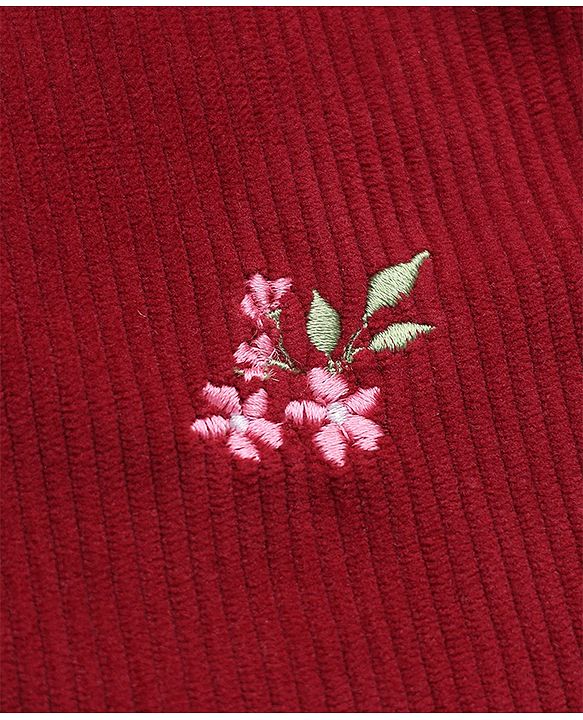 Babyhug Corduroy Woven Full Sleeves One Piece Dress with Floral Embroidery - Red