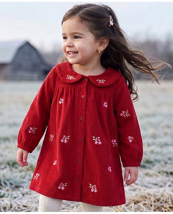 Babyhug Corduroy Woven Full Sleeves One Piece Dress with Floral Embroidery - Red