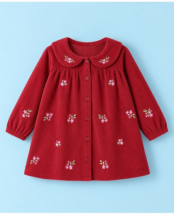 Babyhug Corduroy Woven Full Sleeves One Piece Dress with Floral Embroidery - Red