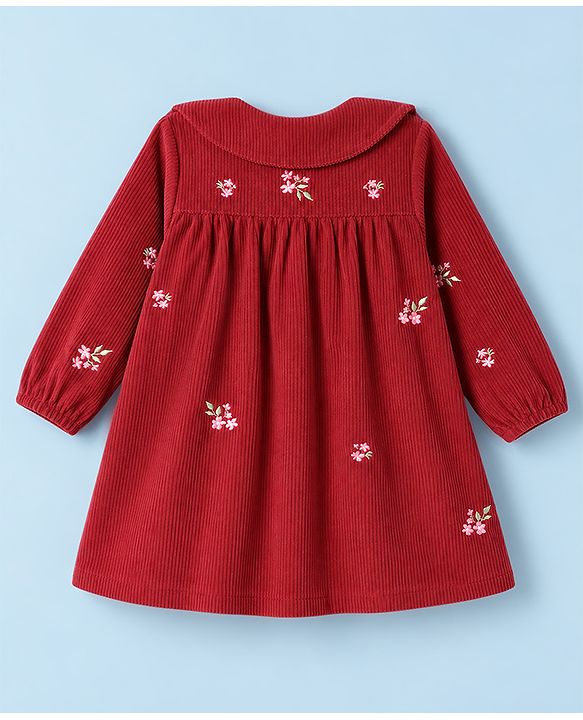 Babyhug Corduroy Woven Full Sleeves One Piece Dress with Floral Embroidery - Red