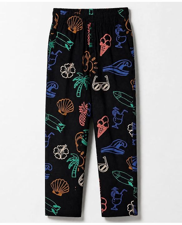Pine Kids Cotton Knit Half Sleeves Co-Ords T-Shirt & Pyjama Night Suit with Floral Tropical & Beach Theme Print - Black