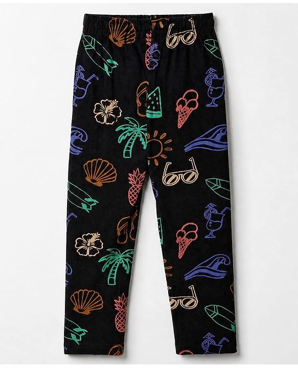 Pine Kids Cotton Knit Half Sleeves Co-Ords T-Shirt & Pyjama Night Suit with Floral Tropical & Beach Theme Print - Black